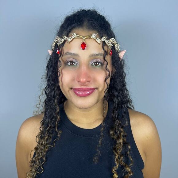 Gold Elf Fairy Tiara Crown with Red Gem & 2 Pairs Elf Ears Cosplay Halloween - Picture 3 of 8